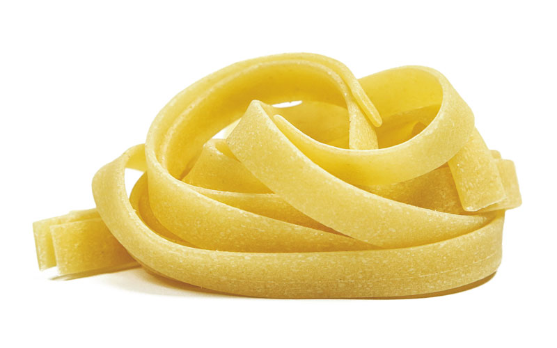 Pappardelle: fresh pasta, bronze drawn. Format of pasta to be seasoned with meat sauces.